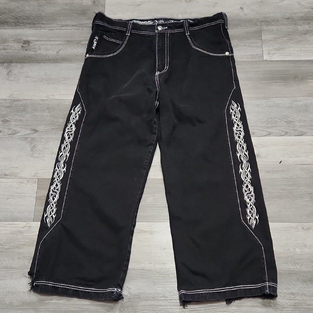 JNCO Los Angeles Tribal Embroidered Black Denim Jeans Piped Leg Mens 36 x 30 23"